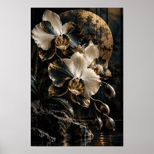 White and Black Phalaenopsis Orchids with Gold Cir Poster