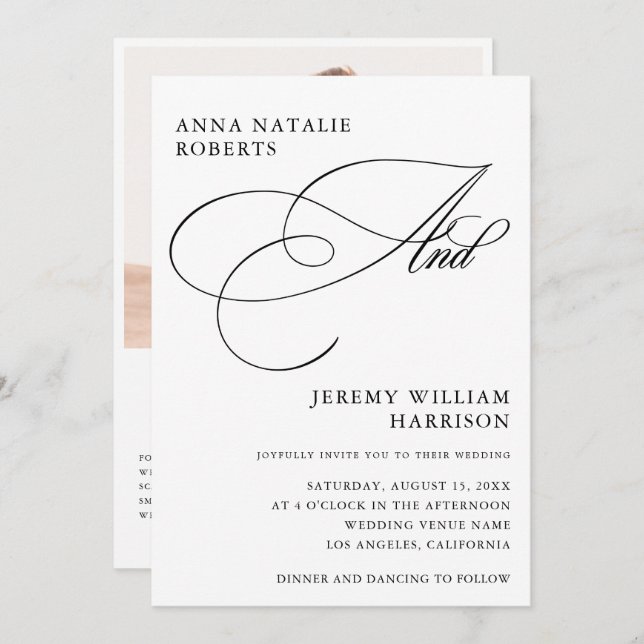 White and Black Photo Script And QR Code Wedding Invitation (Front/Back)