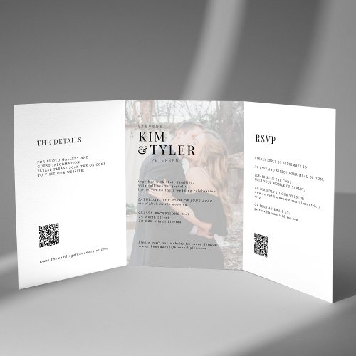 White and black photo wedding RSVP details QR code Tri_Fold Invitation