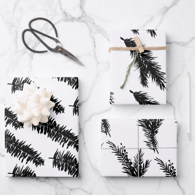 White And Black Pine Spruce Branches Wrapping Paper Sheets (Front)