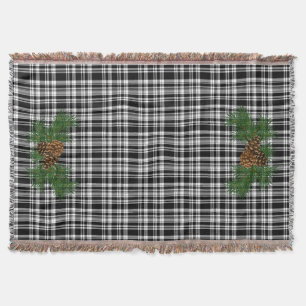 White and Black plaid -with pine-cone detail Throw Blanket