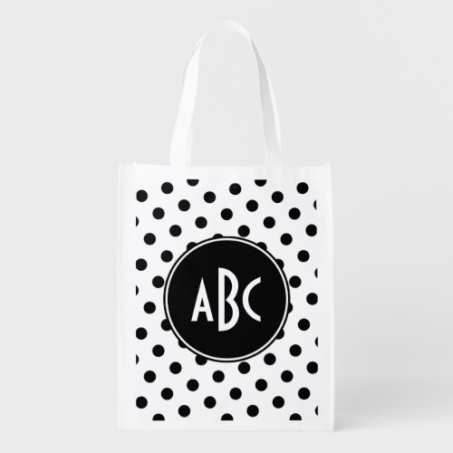 White and Black Polka Dot Monogram Reusable Grocery Bag