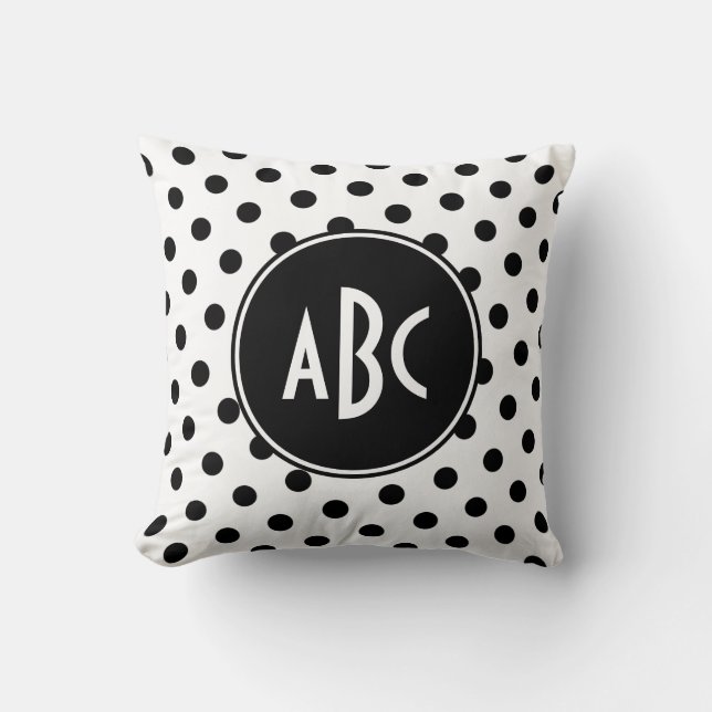 White and Black Polka Dot Monogram Throw Pillow (Front)