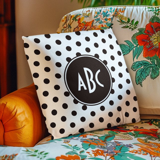 White and Black Polka Dot Monogram Throw Pillow (White and Black Polka Dot Monogram Throw Pillow)