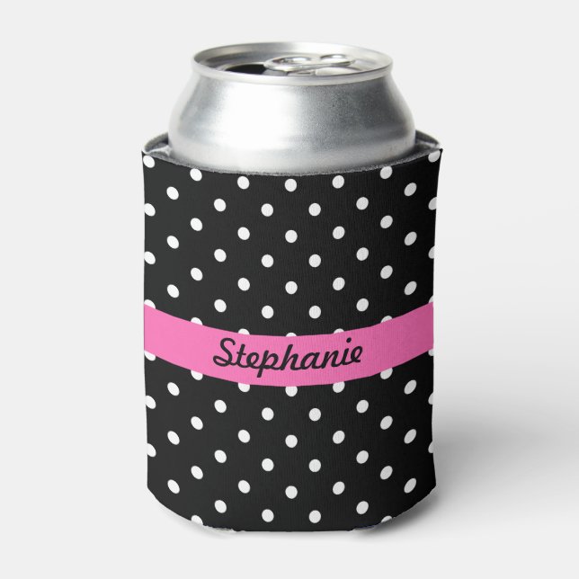 White and Black Polka Dot Pattern Can Cooler (Can Front)