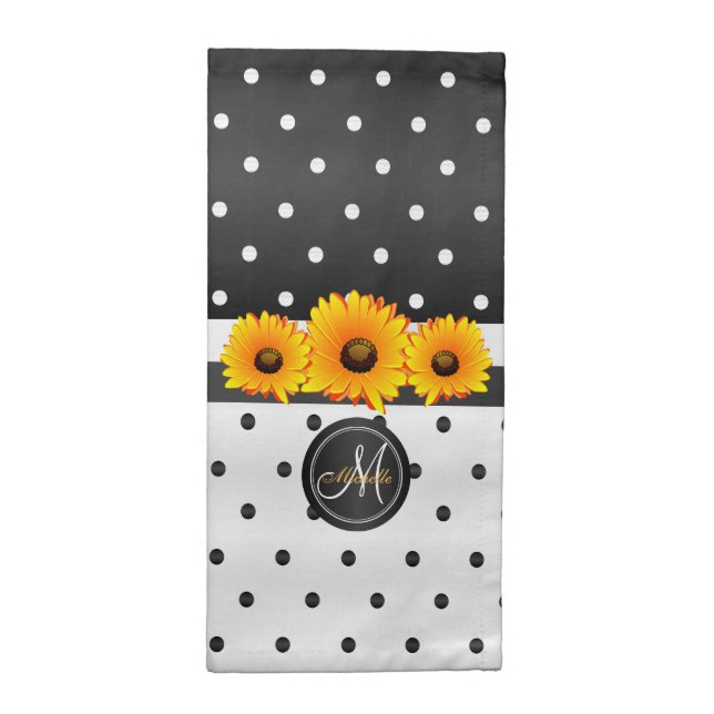 White and Black Polka Dot with Sunflowers Cloth Napkin (Half Fold)