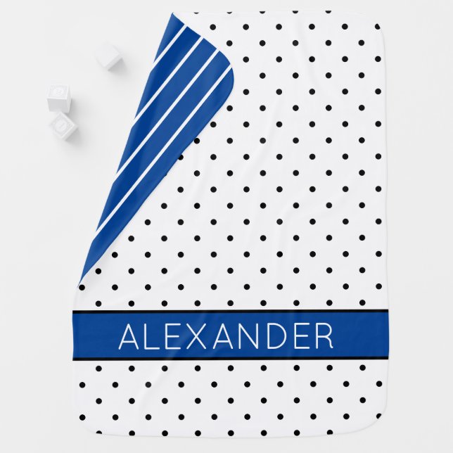 White and Black Polka Dots With Blue Personalized Baby Blanket (In Situ)