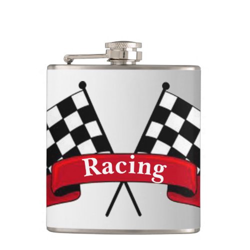 White and Black Racing Flags Silver Flask