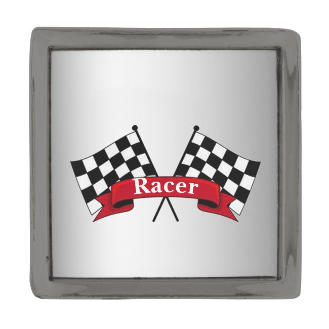 White and Black Racing Flags Silver Lapel Pin