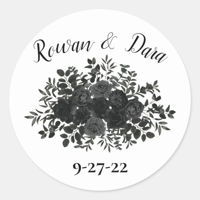 White and Black Rose Gothic Favor Sticker Labels (Front)