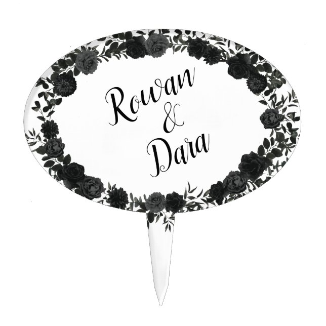 White and Black Rose Gothic Wedding Cake Topper (Front)