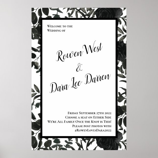 White and Black Rose Gothic Wedding Ceremony Sign (Front)
