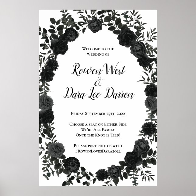White and Black Rose Gothic Wedding Ceremony Sign (Front)