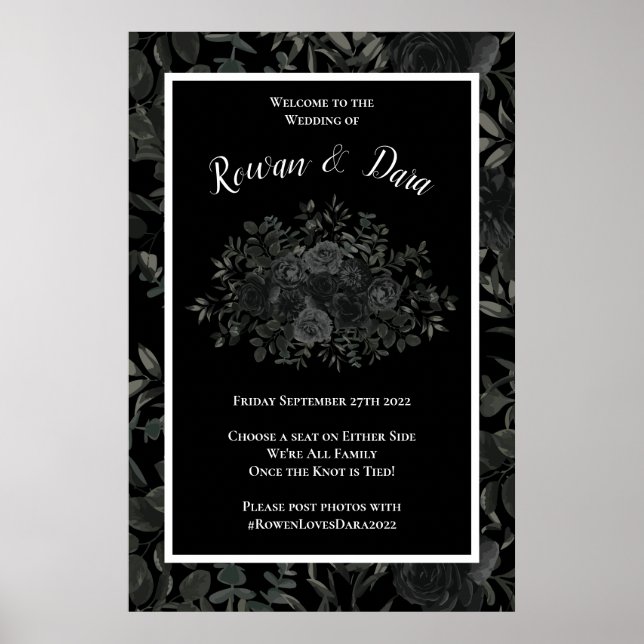 White and Black Rose Gothic Wedding Ceremony Sign (Front)