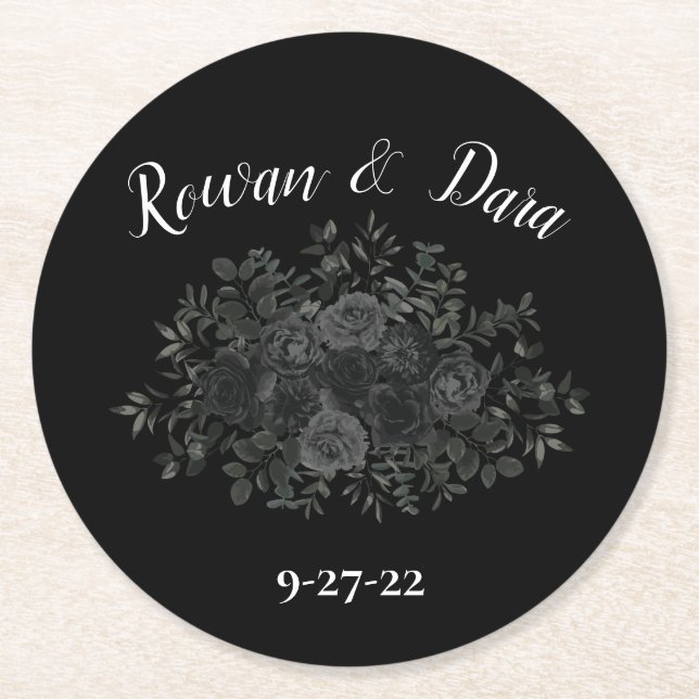 White and Black Rose Gothic Wedding Coasters (Front)