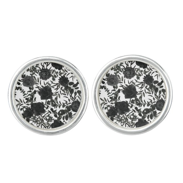 White and Black Rose Gothic Wedding Cufflinks (Front)