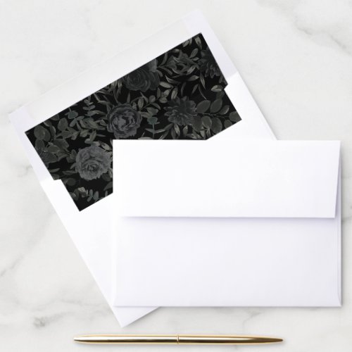 White and Black Rose Gothic Wedding Envelope Liner