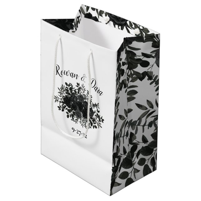 White and Black Rose Gothic Wedding Gift Bag (Front Angled)