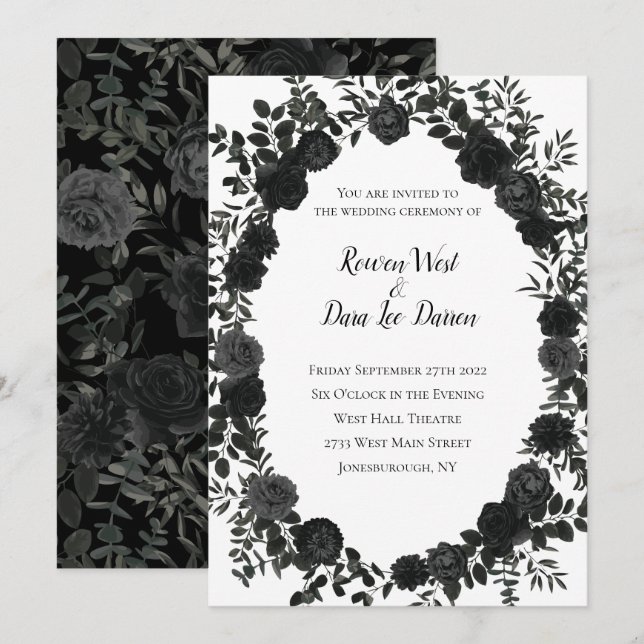 White and Black Rose Gothic Wedding Invitations (Front/Back)
