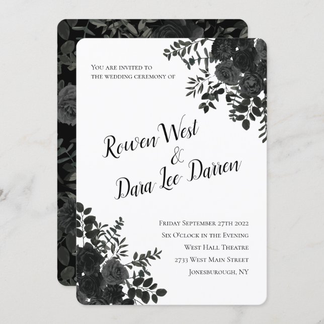 White and Black Rose Gothic Wedding Invitations (Front/Back)