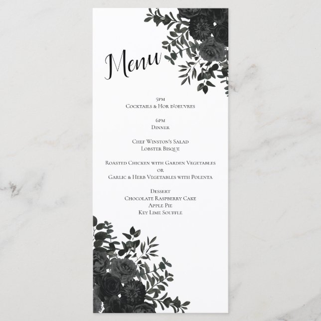 White and Black Rose Gothic Wedding Menu (Front)