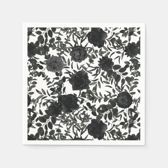 White and Black Rose Gothic Wedding Napkins (Front)