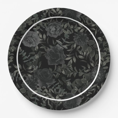 White and Black Rose Gothic Wedding Paper Plates