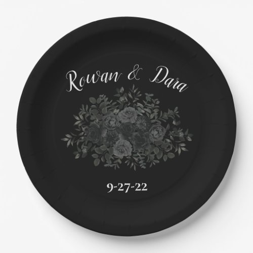 White and Black Rose Gothic Wedding Paper Plates