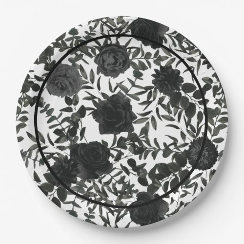 White and Black Rose Gothic Wedding Paper Plates