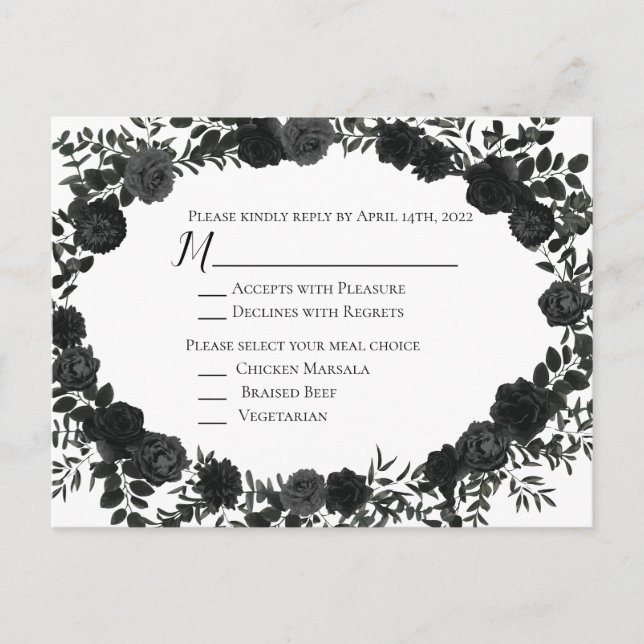 White and Black Rose Gothic Wedding Reply Card (Front)