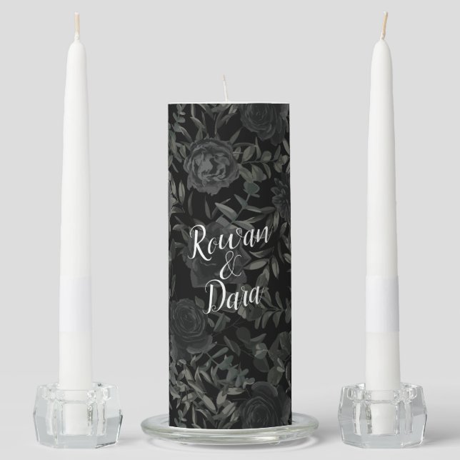 White and Black Rose Gothic Wedding Unity Candle (Front)