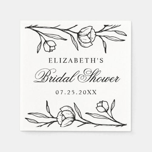 White and Black Sketched Floral Bridal Shower Napkins