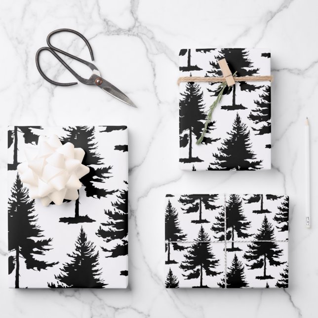 White And Black Spruce Trees Wrapping Paper Sheets (Front)
