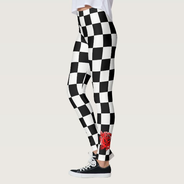 White And Black Square And Red Flower Leggings (Left)