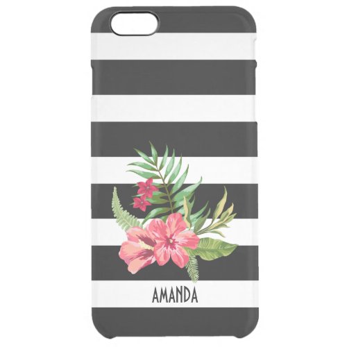 White And Black Stripes And Pink Hibiscus Clear iPhone 6 Plus Case