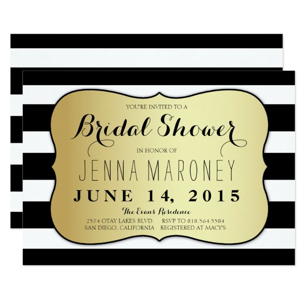 White And Black Stripes W/ Gold Foil Bridal Shower Invitation