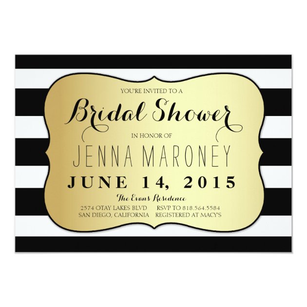 White And Black Stripes W/ Gold Foil Bridal Shower Invitation