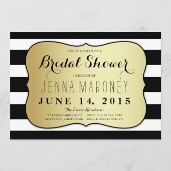 White And Black Stripes W/ Gold Foil Bridal Shower Invitation by GreenLeafDesigns at Zazzle