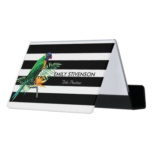White And Black Stripes With Exotic Bird Desk Business Card Holder