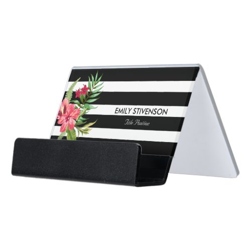 White And Black Stripes With Exotic Flowers Desk Business Card Holder