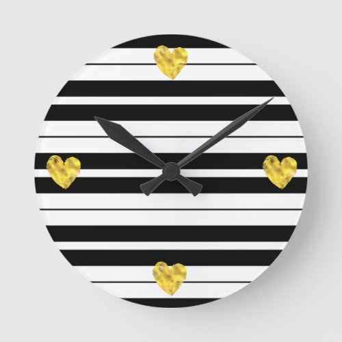White and Black Stripes with Gold Hearts Round Clock