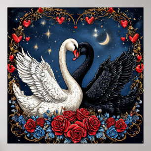 White and Black Swans with Hearts and Roses Poster