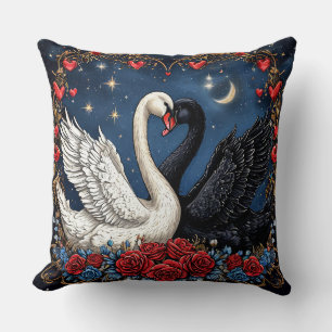 White and Black Swans with Hearts and Roses Throw Pillow