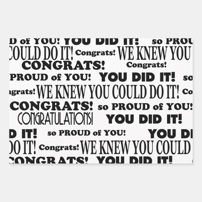 White and Black Text Grad Congrats Wrapping Paper Sheets (Front)