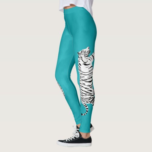 White and Black Tiger on Teal Turquoise Blue Leggings