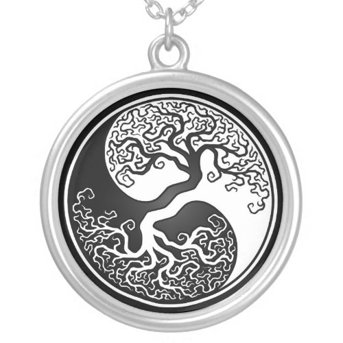 White and Black Tree of Life Yin Yang Silver Plated Necklace