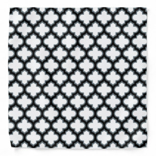 White and Black Trellis, Lattice, Quatrefoil Bandana
