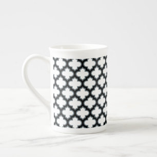 White and Black Trellis, Lattice, Quatrefoil Bone China Mug