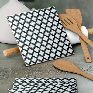 White and Black Trellis, Lattice, Quatrefoil Ceramic Tile