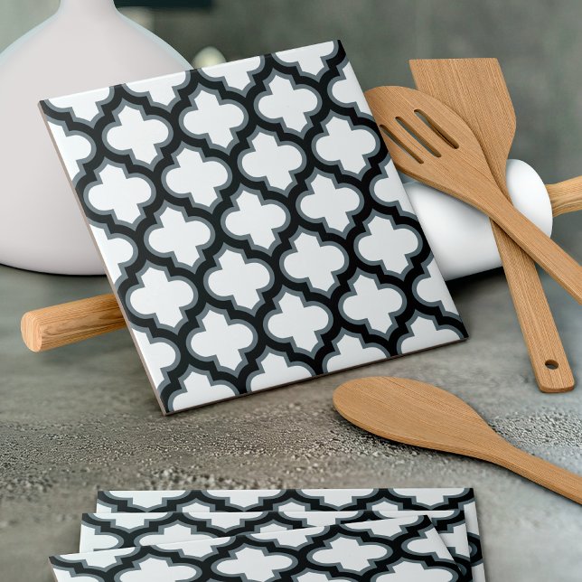 White and Black Trellis, Lattice, Quatrefoil Ceramic Tile (Creator Uploaded)